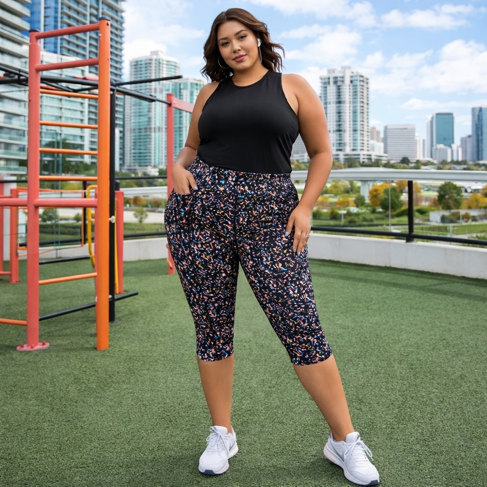 Active Zone Plus Size Colorful Speckled Cropped Leggings High Rise Athleisure